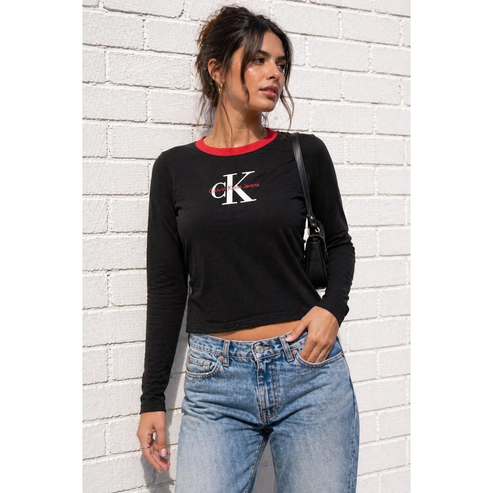 Calvin Klein Jeans CK Logo Long Sleeve Shirt Black Red Y2K Top L